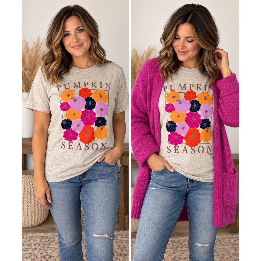 Port & Company Pumpkin Season Graphic Medium Oatmeal Heather Fall Pumpkin Tee